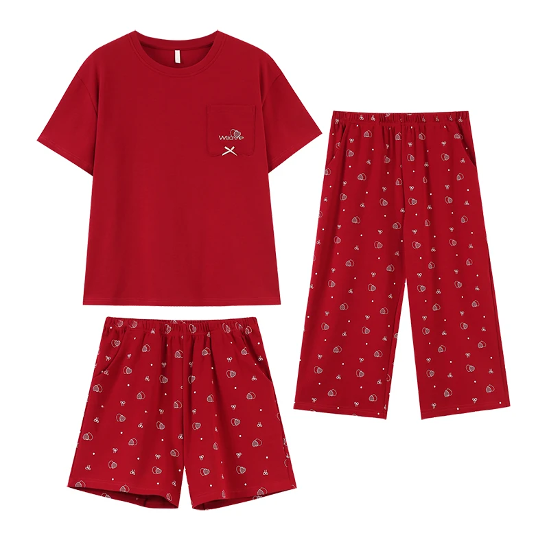 Conjunto de pijamas femininos de algodão 100% de verão, conjunto de 3 peças, terno de manga curta + calças até a panturrilha, roupa de dormir feminina com almofada no peito