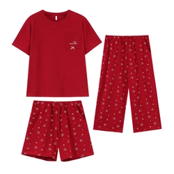 Summer 100% Cotton Women Pajamas Set 3 Pieces Set Short-sleeve Suit + Calf-Length Pants Sleepwear Female Homewear With Chest Pad