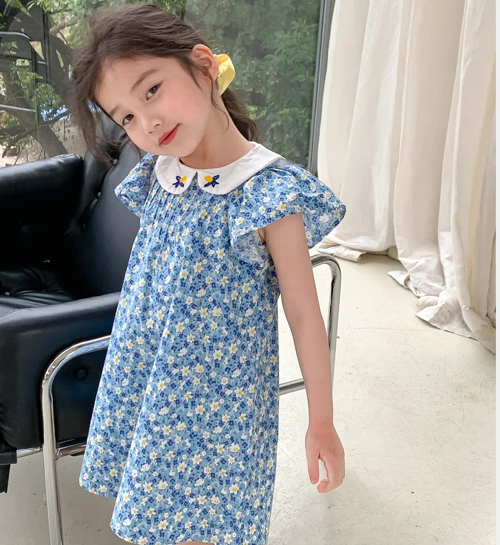 Girls Skirt Embroidery Doll Collar Flying Sleeve Dress Princess Dress 2023 Summer Dress New Children's Clothes