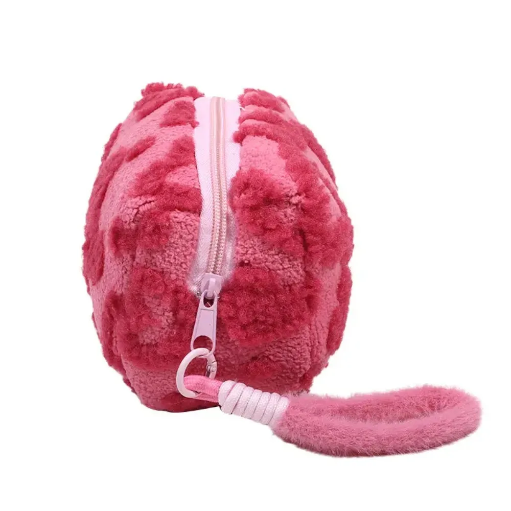 

Soft Material Plush Makeup Bag Handle Design Storage Function Travel Cosmetic Bag Love Print Clutch Style Portable Organizer