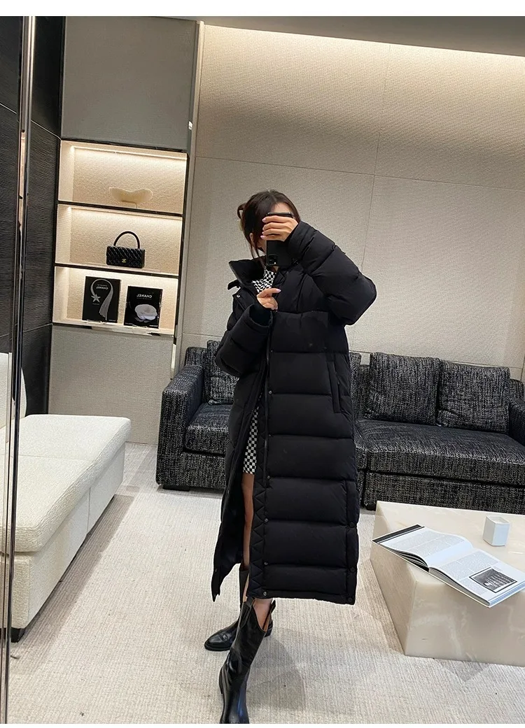 Goose Down Women's Mid Length 2024 New Style Thickened Warm Hooded Couple Winter Outfit Over the Knee Puff Down Jacket