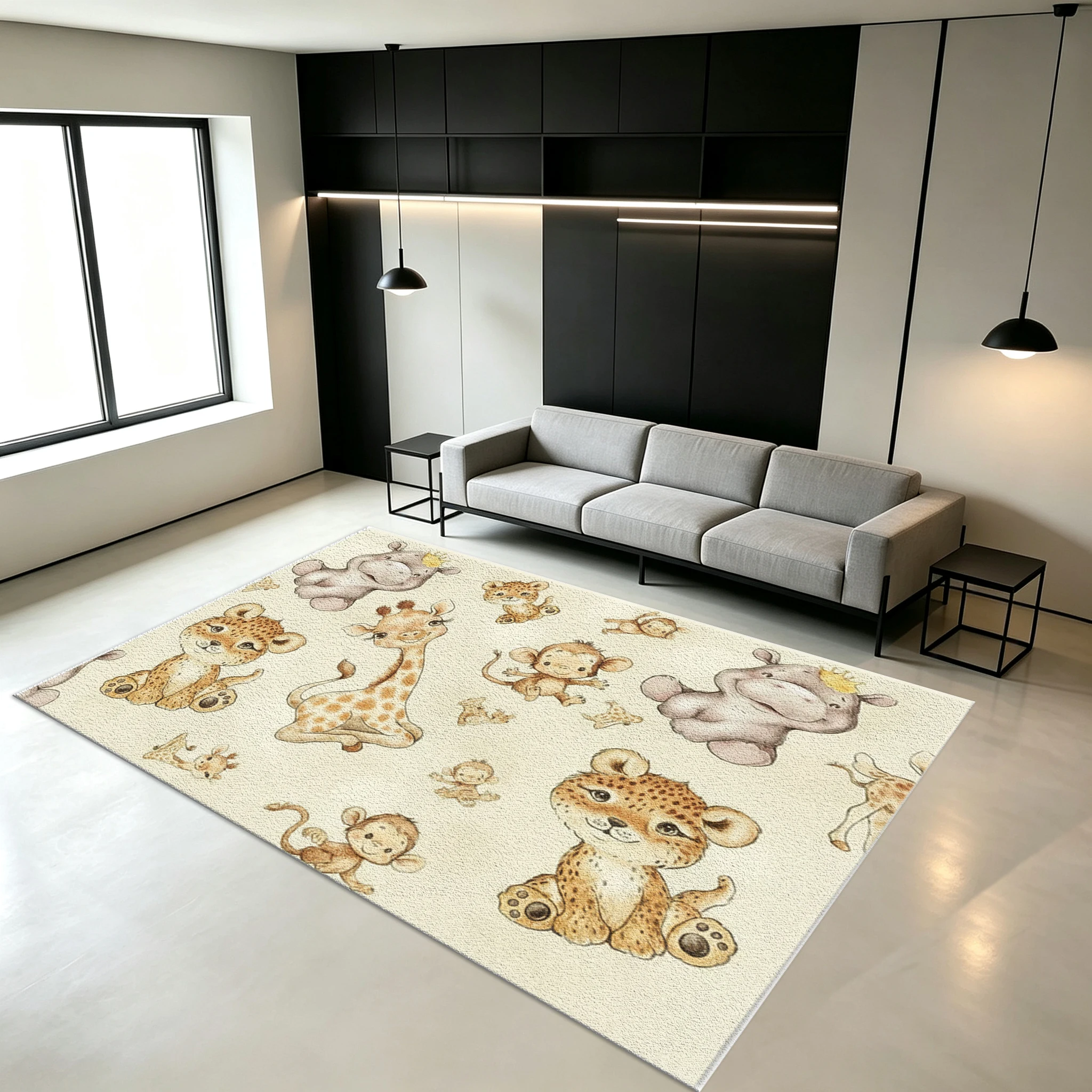 Watercolor Cute Safari Baby Animal Giraffe Monkey Leopard Carpet Flooring Non‑Slip Kids Area Rug for Nursery Bedroom Home Decoration