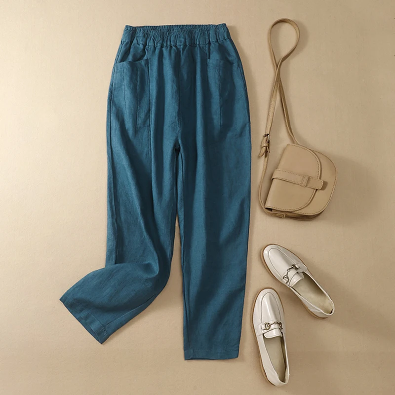 

Свободные хлопковые и льняные шаровары с эластичной резинкой на талии, повседневные брюки для больших размеров, женские летние брюки с девятью очками, художественные брюки