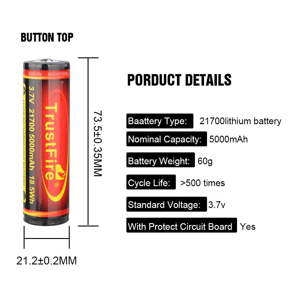 TrustFire 21700 3.7V 5000mAh Real Capacity Li-Ion Rechargeable Battery (PCB) For Flashlight Electronic Toy Batteries Power Bank
