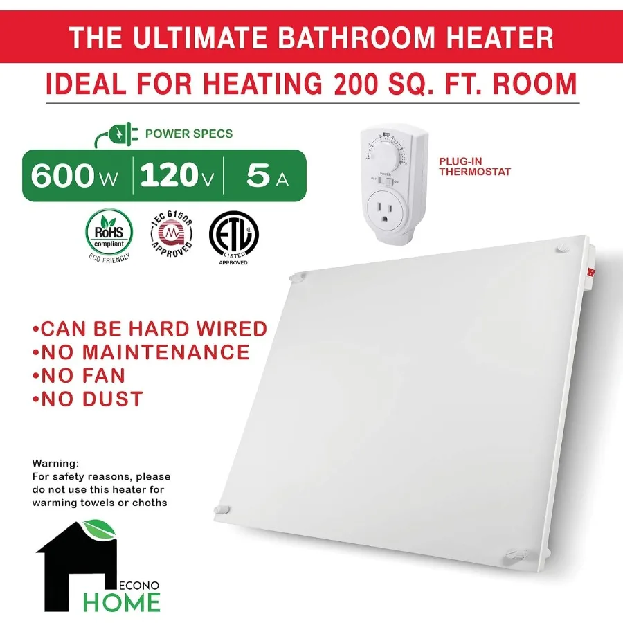 لوحة سخان مساحة مثبتة على الحائط مع ترموستات مدمج للتدفئة الحرارية الفعالة بقدرة 600 وات - مناسبة تمامًا للتدفئة