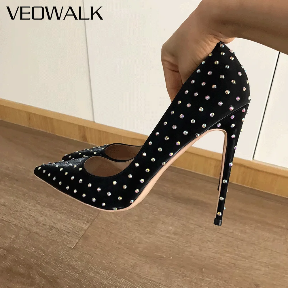 

Veowalk Glitter Rhinestones Women Black Flock Pointed Toe Shallow Stiletto Pumps Elegant Ladies Wedding Party High Heel Shoes