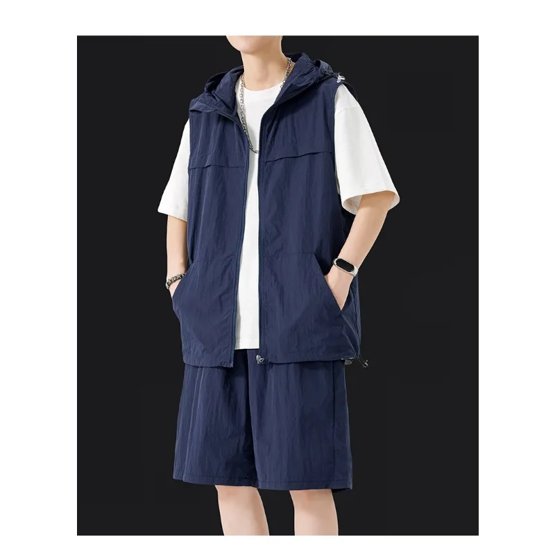 

Men's Solid Color High Neck Zipper Pocket Cardigan Top Elastic High Waist Shorts Casual Sports Fashion Top