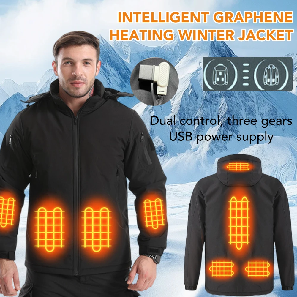 

Intelligent Graphene Heating Jacket 8 Area USB Electric Heated Hooded Coat Washable for Men Winter Outdoor Sport Thermal Coat