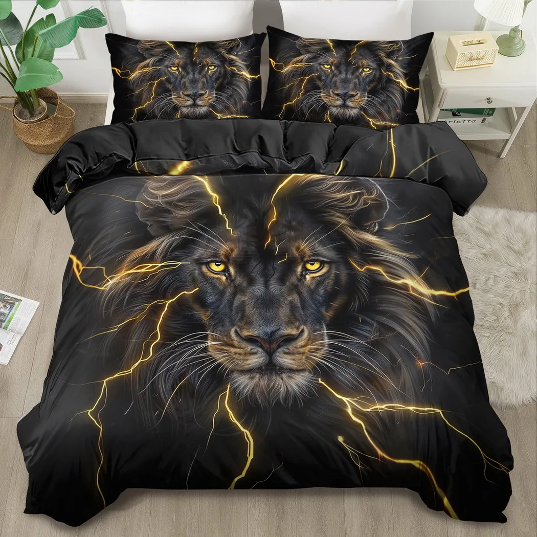 2026 2/3pcs Lion Bedding Set Animal Duvet Set Cheetah Quilt Cover Bedroom Decor Guest Room 2D Lightning Flat Print Lion Gifts