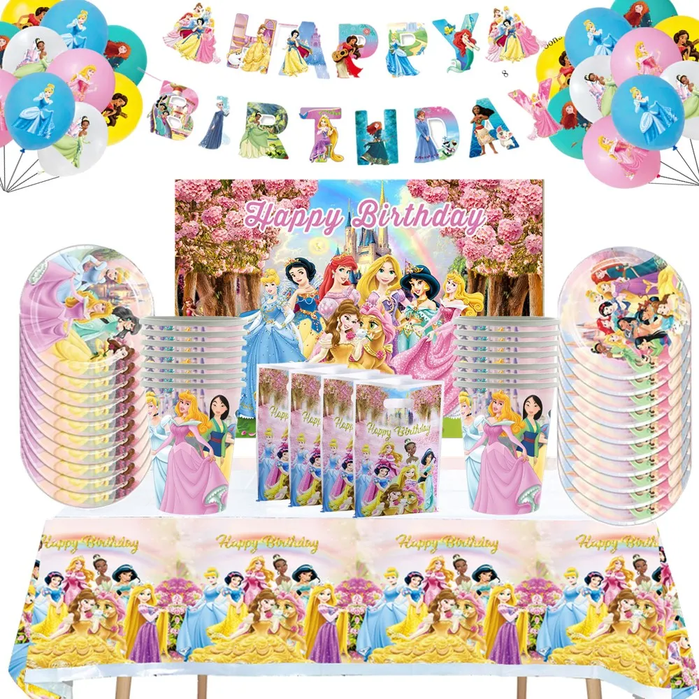 

Disney Princess Snow White Birthday Party Decorations Supplies Disposable Tableware Sets Girl Party Cups Plates Loot Bag Decor