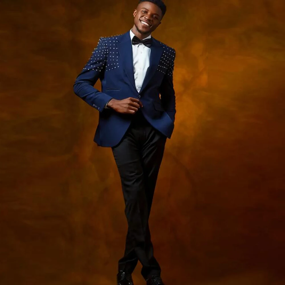 

Роскошные мужские костюмы с камнями из бисера, комплект из 2 предметов, однобортный пиджак, брюки, индивидуальные смокинги для жениха, банкета, свадьбы, Ropa Hombre