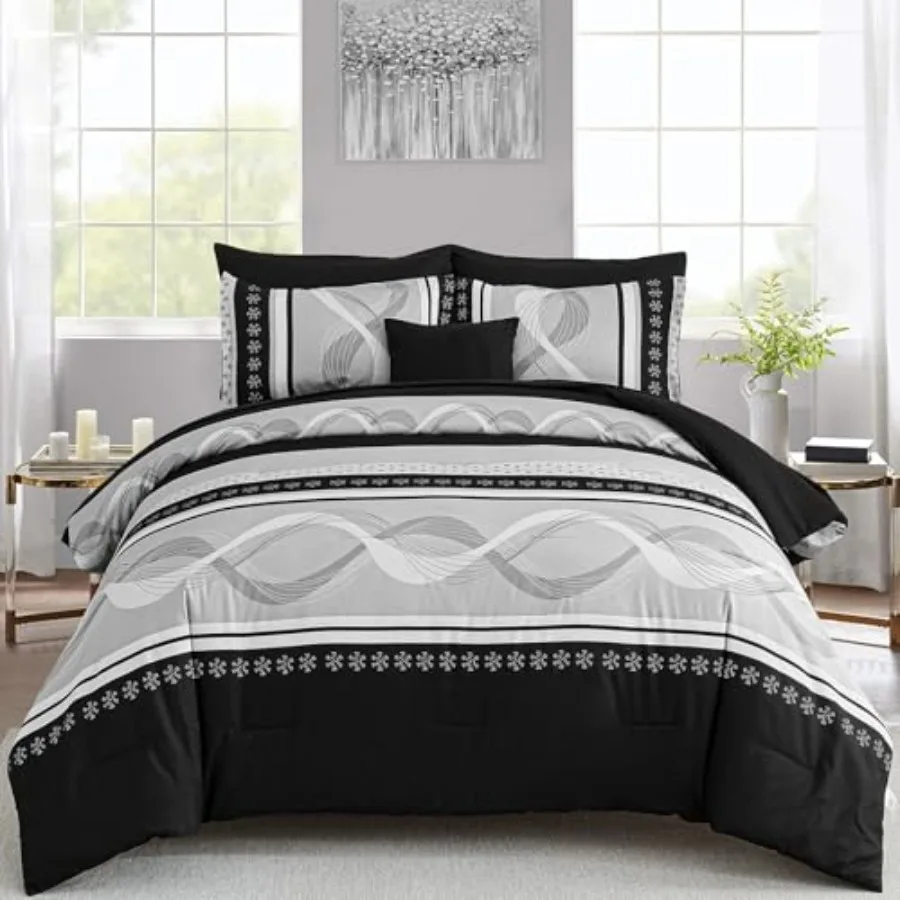 

Comforter Set Size8 Pieces Boho Bed in a Bag Patchwork Striped Comforter Set Soft Microfiber Bedding Set for All Season 90"×90