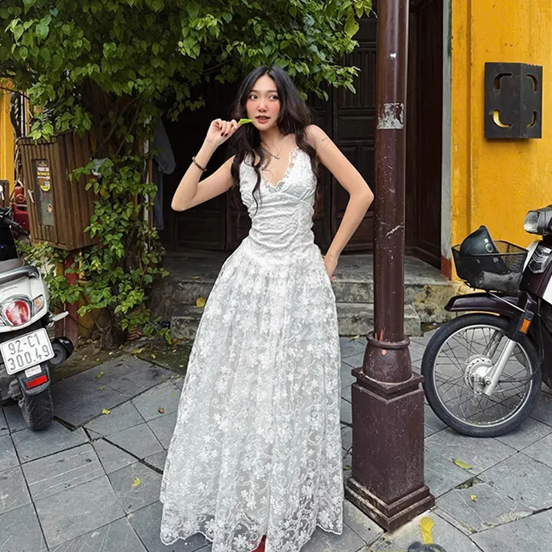 

French Sexy Lace Dress Women V Neck Slim Mesh See Through Dress Vacation Beach Backless Party Evening Gown Female Vestidos