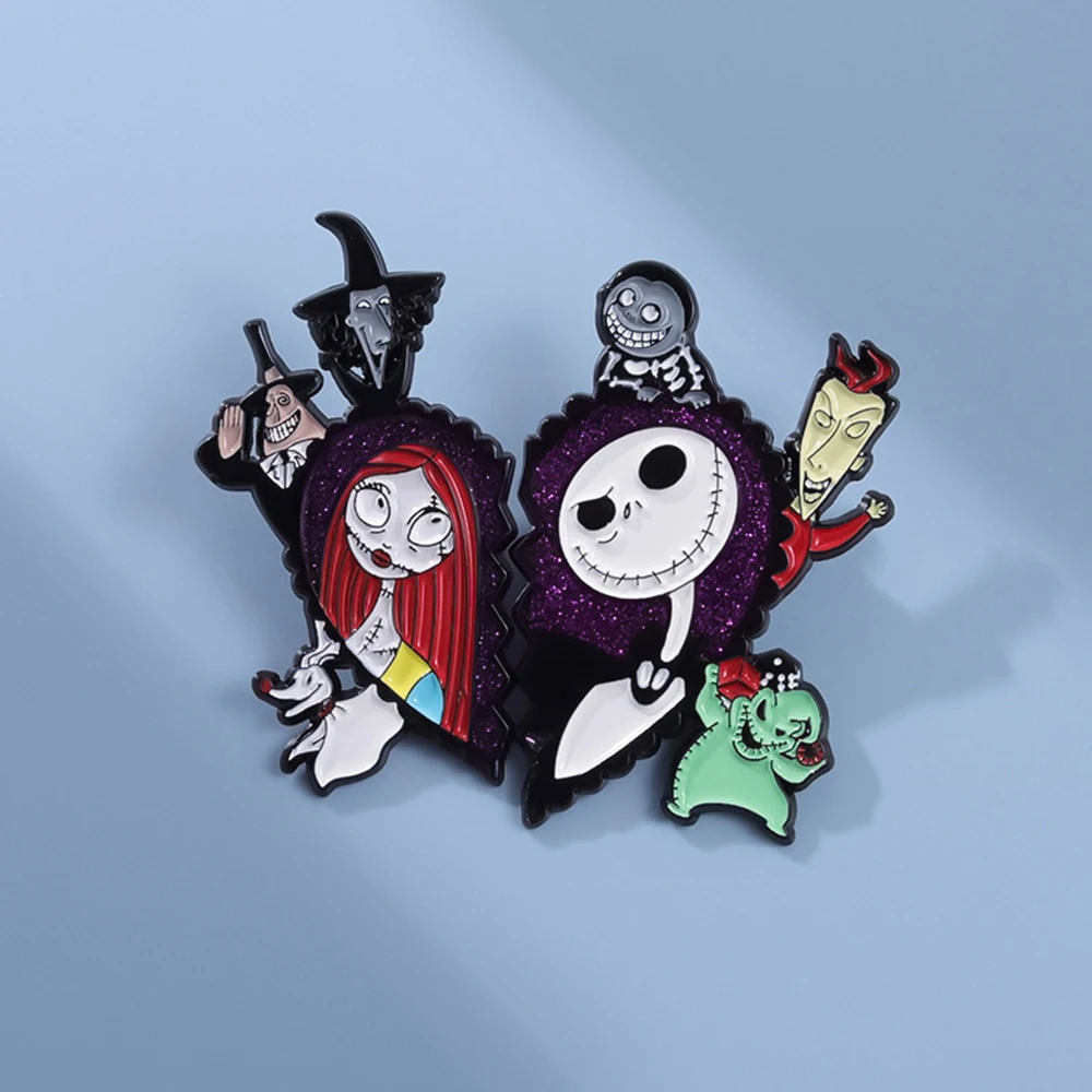 1 par de alfileres esmaltados de la película de Disney, pesadilla antes de Navidad, Jack y Sally de ensueño morado, broches Oogie Boogie Zero, insignias