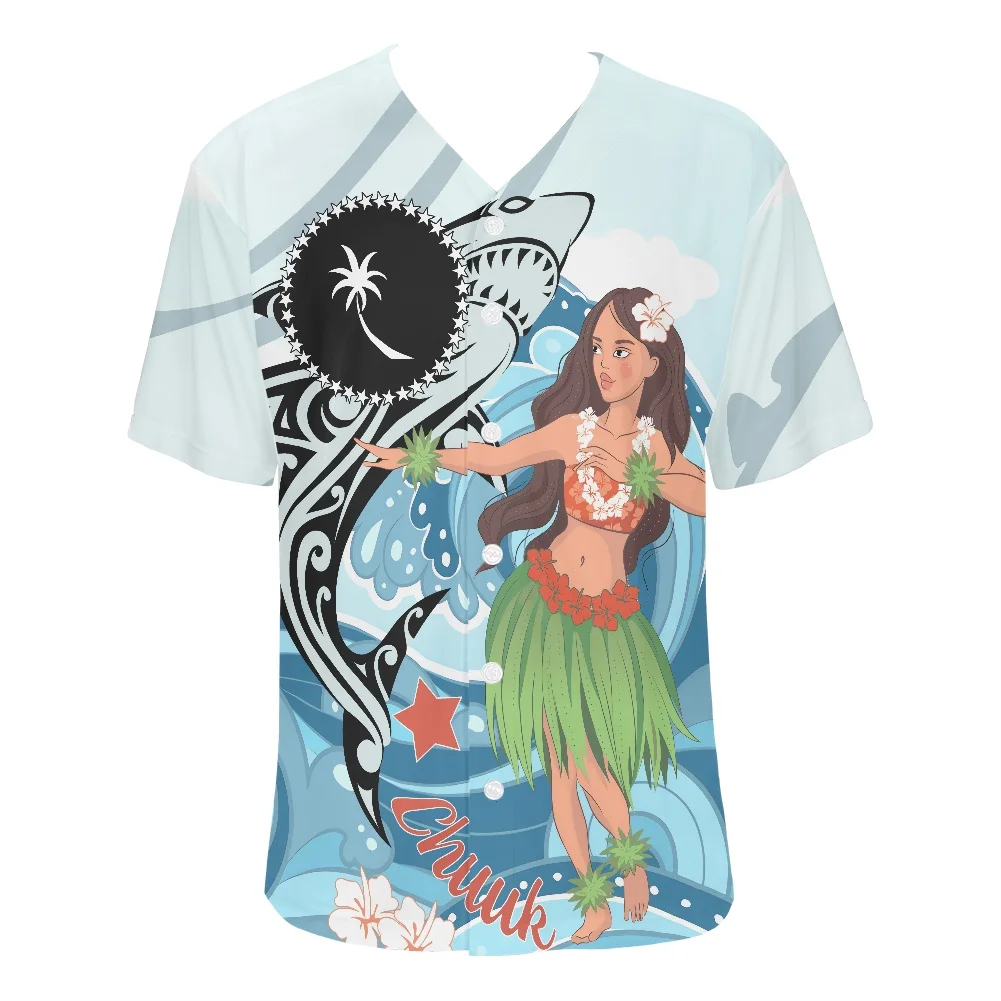 2022 New Summer Men's Sportswea Shirt African Girl With Shark Design Print O Collar Short Sleeve Breathable Baseball Shirt