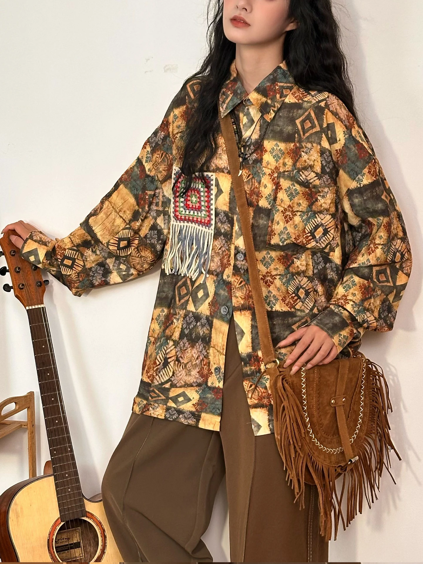 

Оригинальная женская свободная рубашка с длинным рукавом в американском ретро-стиле с принтом, универсальный топ в гонконгском уличном стиле из хлопка для ранней осени