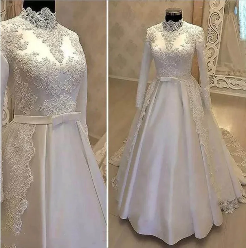 Vestido De boda musulmán De lujo, apliques De encaje blanco, cuello alto, manga larga, vestido nupcial estilo árabe