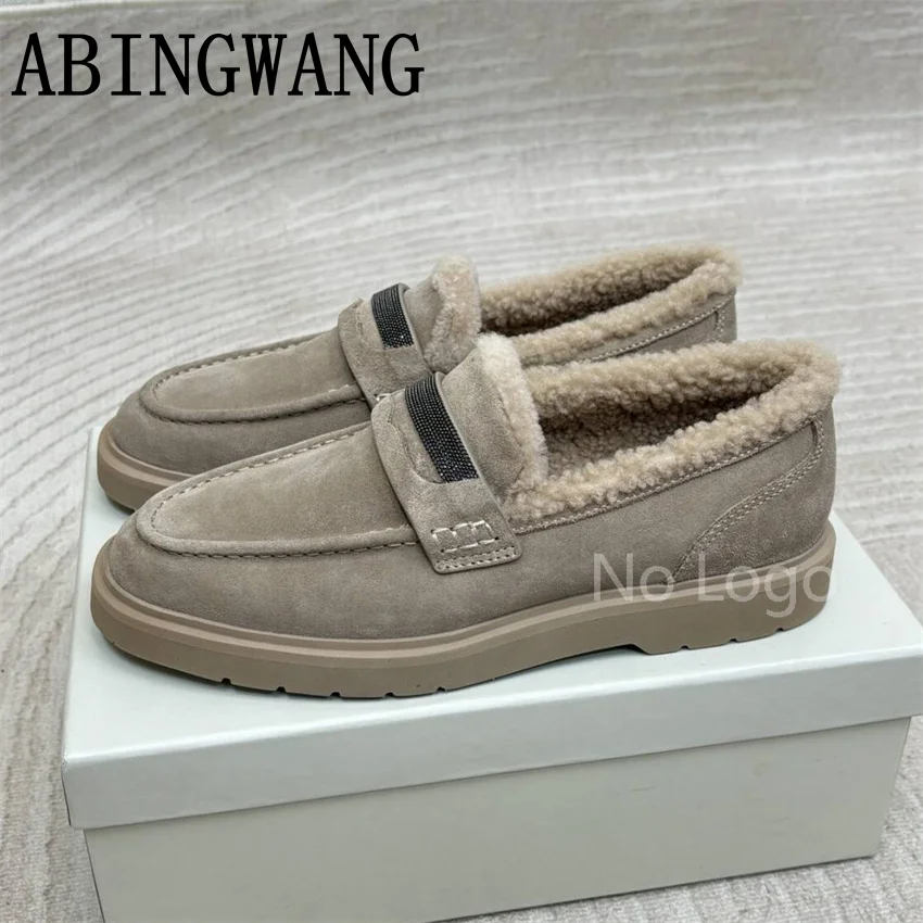 الجلد المدبوغ داخل الفراء الشقق المتسكعون للنساء الانزلاق على المدرج السيدات مكتب الأحذية 2025 الخريف الشتاء كسول أحذية النساء أحذية دافئة #3