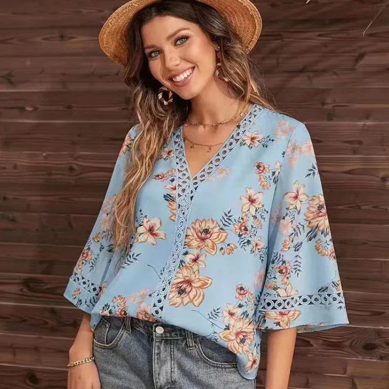 

Boho Floral V Neck Top Half Sleeves Lace Details Multi Color Options for Beach Days Music Festivals Trendy Outfits