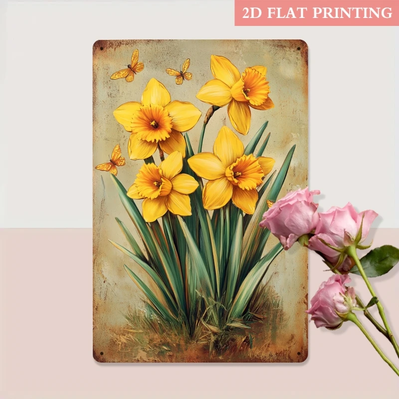 Vintage Daffodil Butterfly Metal Sign Iron 8x12 Inch Retro Wall Decor Plaque Tin Plate For Garden Porch Hallway Farmhouse