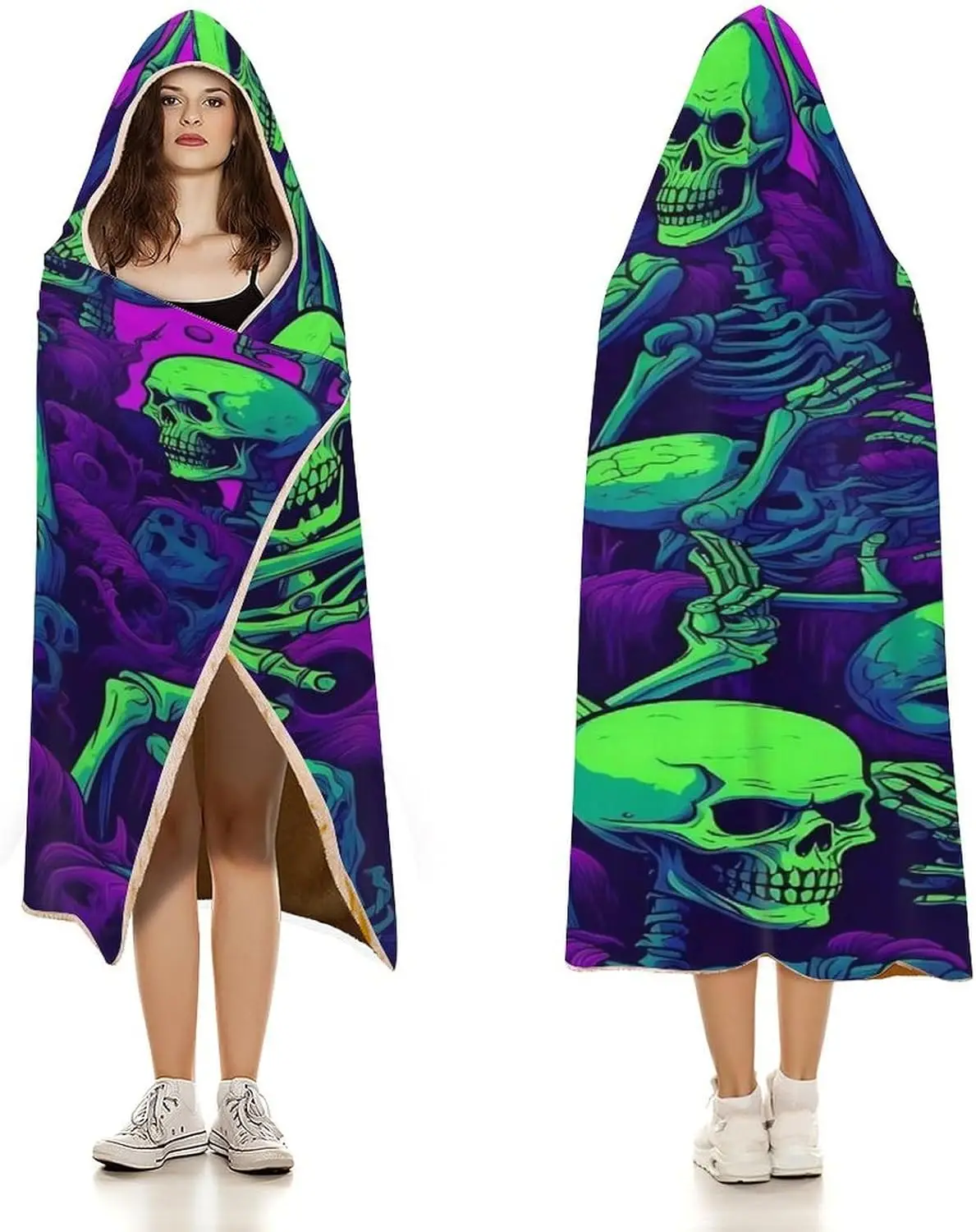 Gothic Skull Fleece Wearable Blanket for Adults with Halloween Themed Hooded Blanket Warm Cozy Colorful Bones Gift for Women