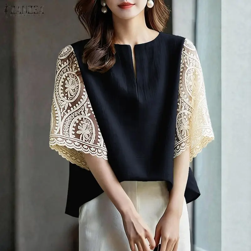 

2026 Summer Lace Patchwork Blouse ZANZEA Women Elegant 3/4 Sleeve Work Tops Embroidered Shirt Tunic Stylish Hollow Out Blouses