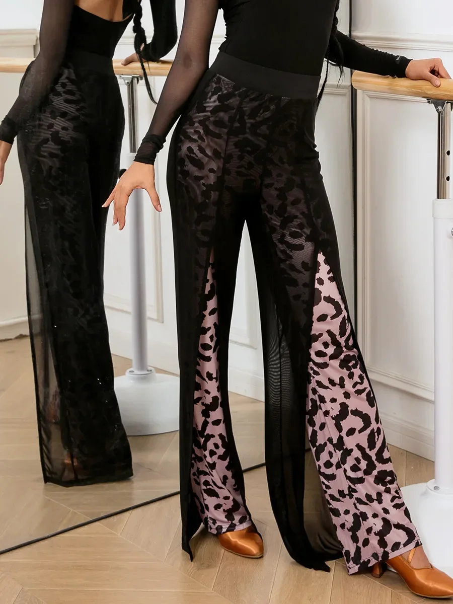 

New Latin Dance Pants Women High Waist 2-layer Mesh Wide Leg Black/leopard Latin Practice Trousers Cha Cha Ballroom Dance Clothe