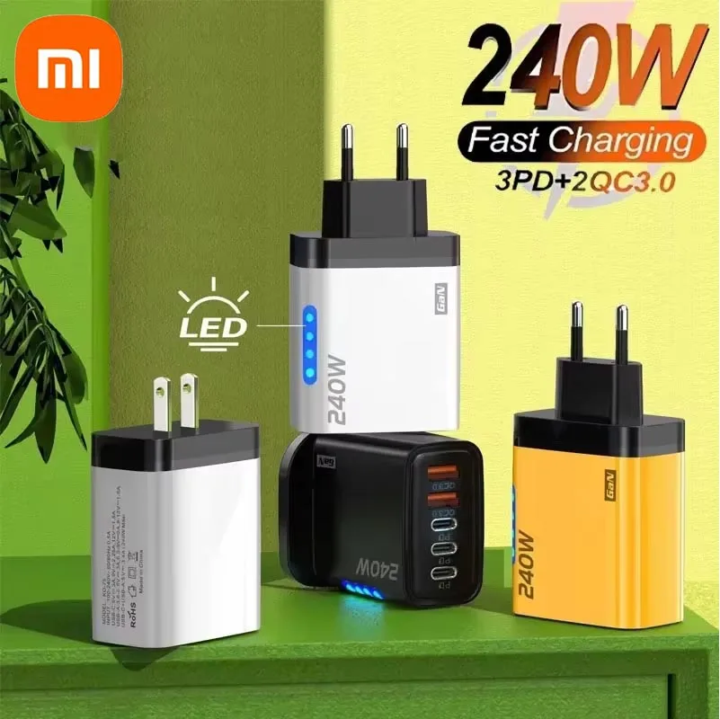 Xiaomi 240W 2USB+3 Type-C Charger Dual Type-C Smart Fast Charging  EU US Plug LED Light Desktop Power Adapter For Samsung Huawei