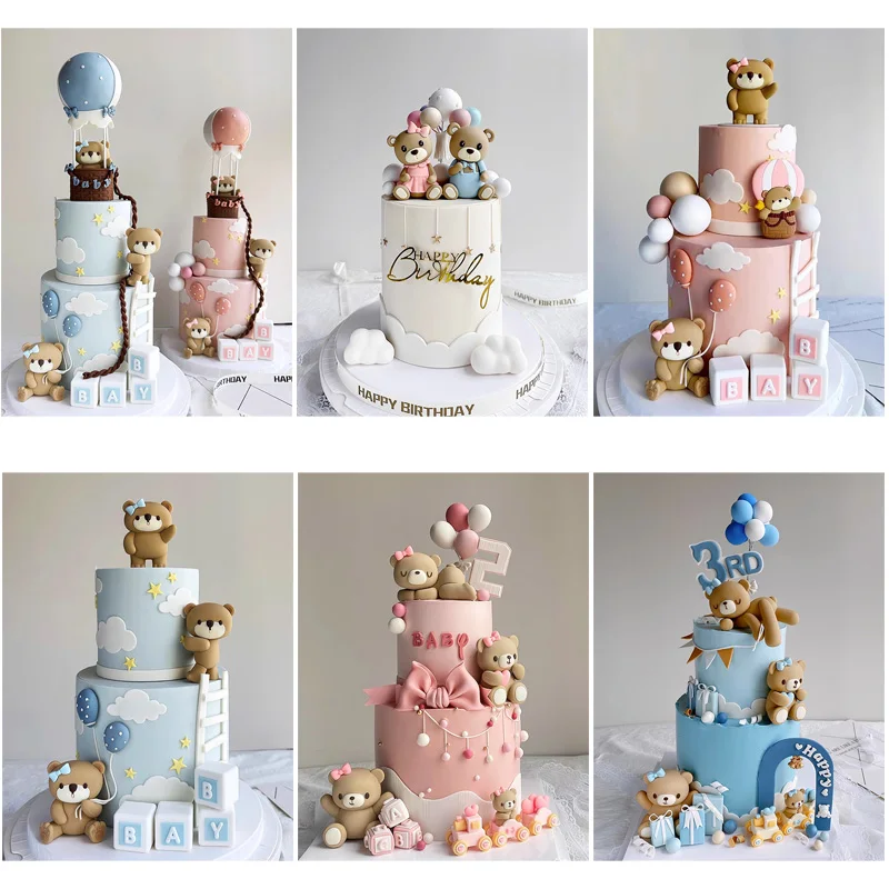 Set Boy or Girl Baby Shower Bear Decorations Pink Blue 3D Bear Cake Topper for Kids 1st Birthday Party Supplies Cute Gifts