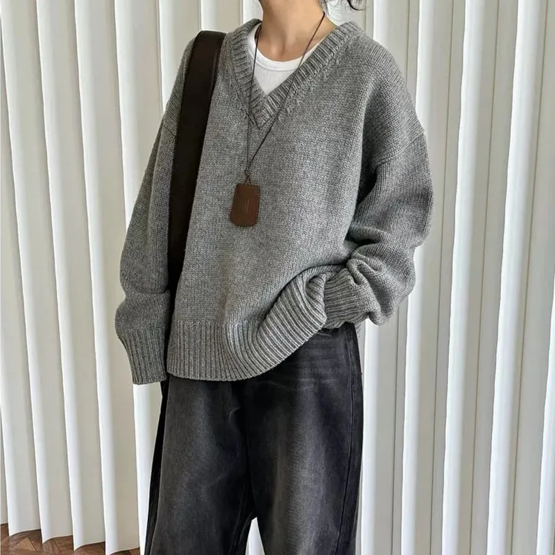 

European and American style V-neck pullover 100 pure cashmere sweater women loose and thick knitted wool sweater