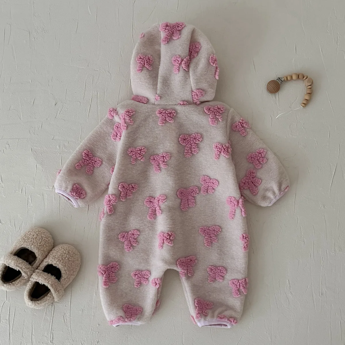 Baby Bowknot Jacquard Romper Autumn Winter Girls Thick Fleece Jumpsuit Newborn Long Sleeve Bodysuit