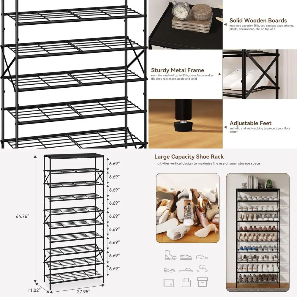 

Large Capacity 10 Tier Shoe Rack for 40 Pairs, Metal Storage Organizer for Entryway, Hallway, Closet, Garage - Black