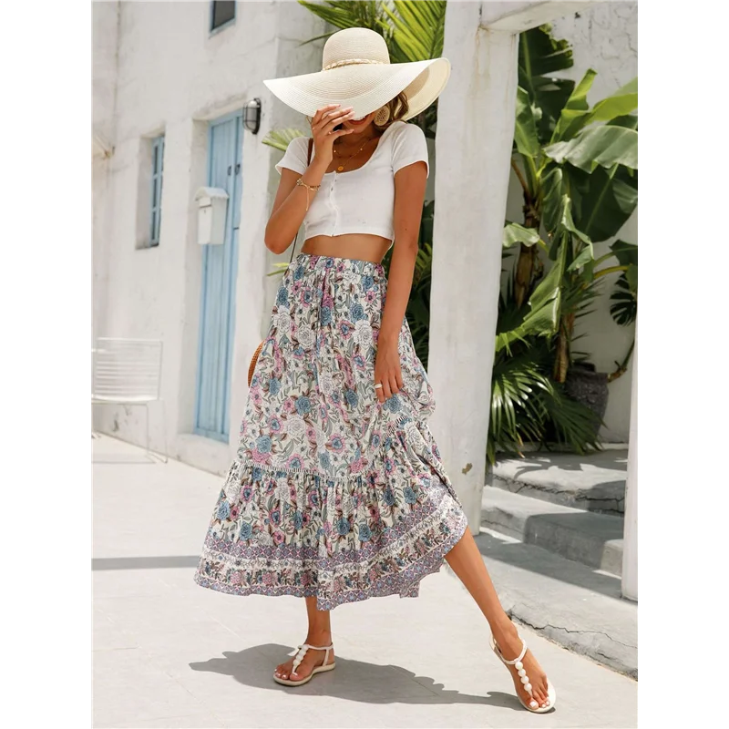 

NEW-Maxi Skirts For Women 2025 Summer Boho Long Flowy Floral Elastic High Waist Skirt Casual Travel Skirt