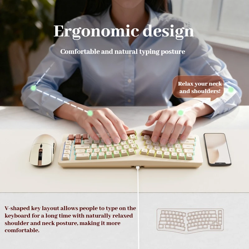 Alice68 Wired Keyboard Rgb Lighting Effect 69 Key Ergonomic Keyboard Shaped Wrist Guard Type-C Writing Office Game Keyboard