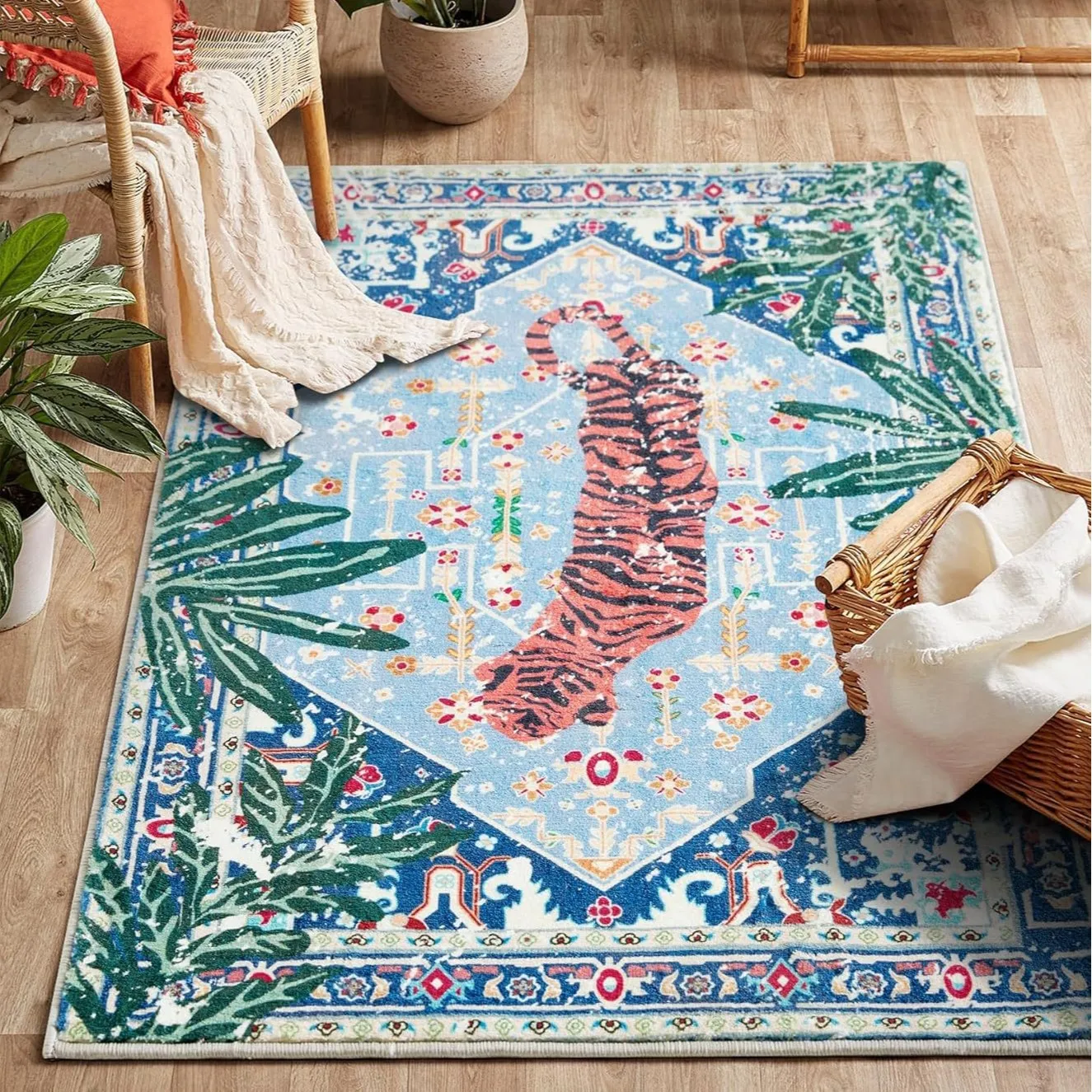 VIKAMA Vintage Tiger Area Rug Light Blue Botanical Soft Plush Carpet Boho Living Room Bedroom Decor Rug 120x160 cm