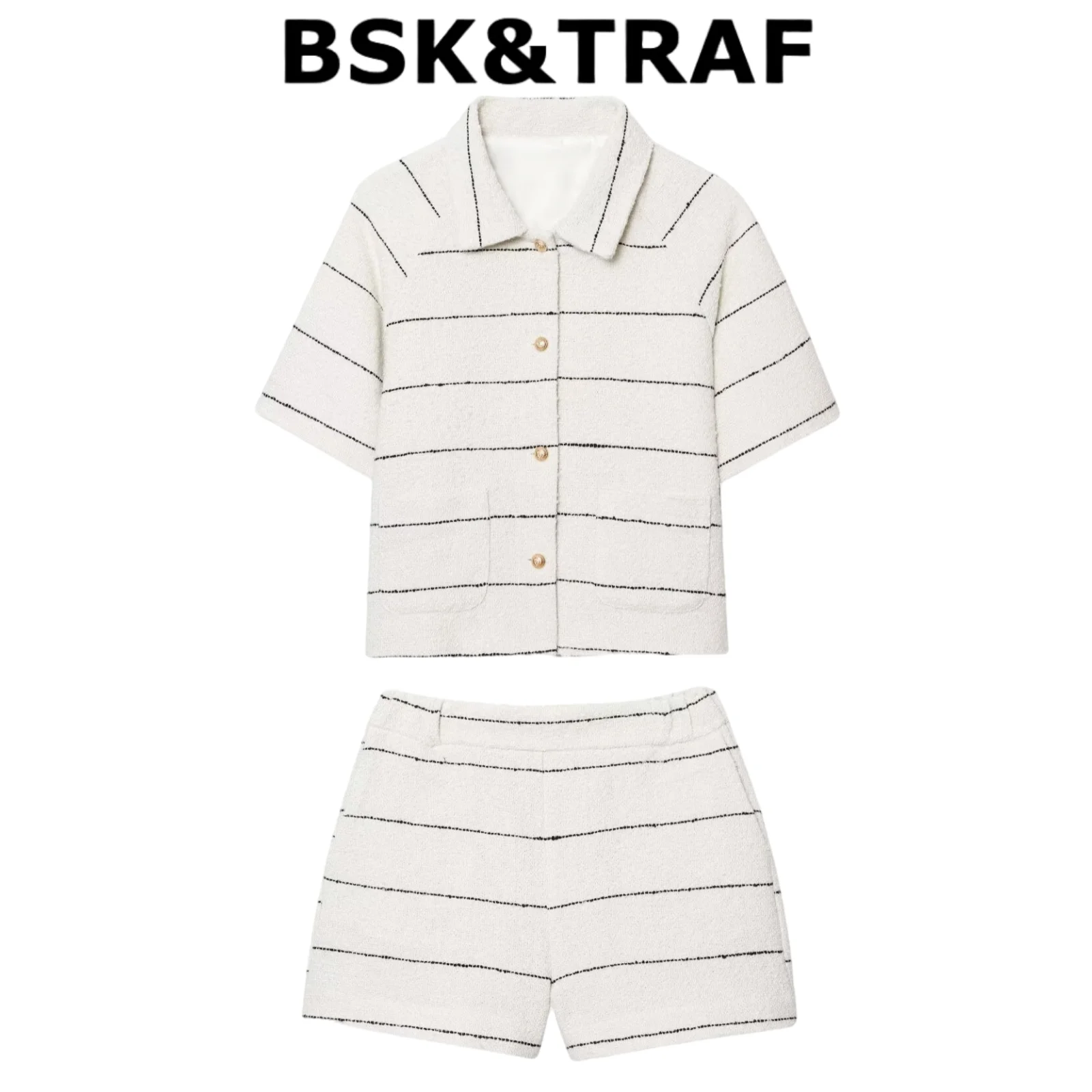 

BSK&TRAF2025 Summer New Products Women's Casual Loose Striped Cotton Suit Jacket + Cotton High Waist Shorts Set