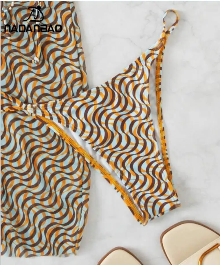 Nadanbao-Bikini con estampado de Moire para mujer, traje de baño Sexy de tres piezas para fiesta en la playa, conjunto de Bikini femenino sin espalda, Bikini de red de moda