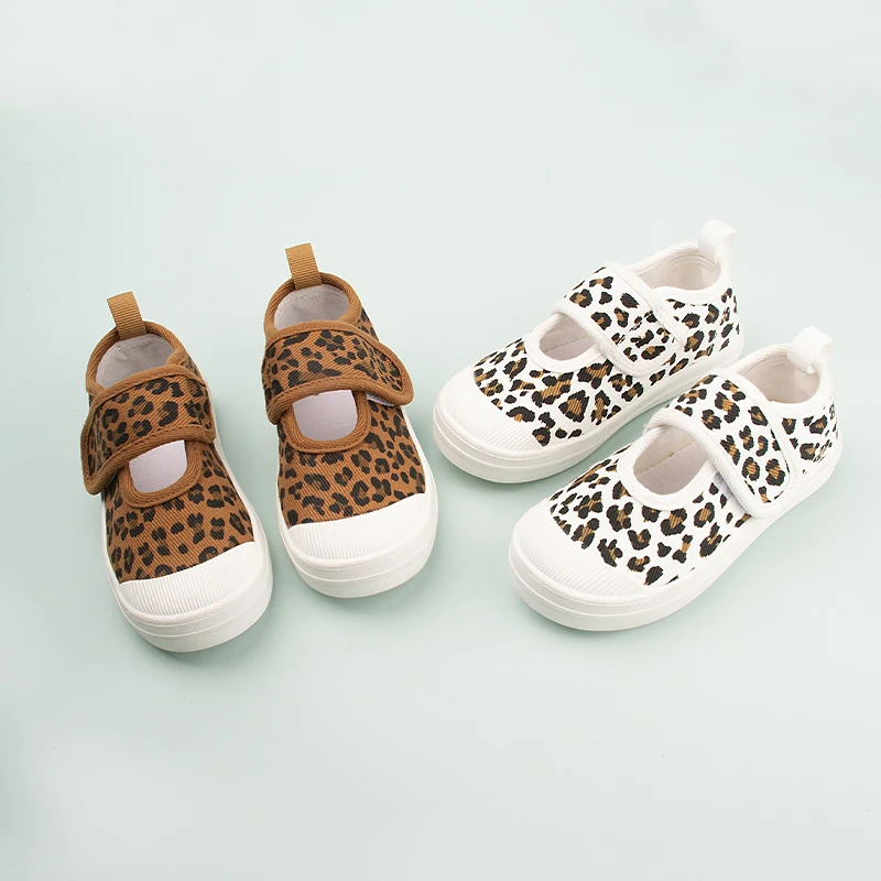 Leopard Print Kids Sprint Jogging Sneakers Low Top Cold Adhesive Canvas Shoes for Boys and Girls ED7023