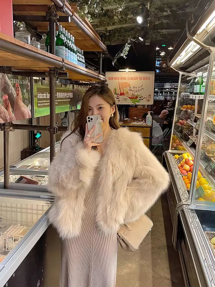 سترة من فرو الثعلب صديقة للبيئة للنساء، قصيرة وسميكة ودافئة، متعددة الاستخدامات للشتاء، ياقة على شكل V، أكمام طويلة، مقاس قيا...