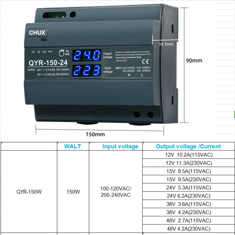 CHUX 150W Din Rail Type Digital Display Switching Power Supply 24V 48V DC QYR-150W SMPS Ultra Slim Step Shape LED Strip