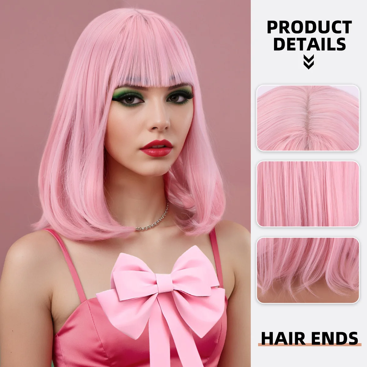 European and American Cross-Border Women's Pink Bangs Short Hair Peony Head Synthetic Fiber Wigs