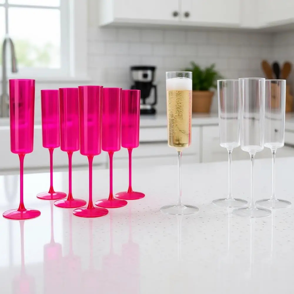 

Набор из 24 пластиковых бокалов для шампанского ярко-розового цвета и прозрачных одноразовых стаканов объемом 6 унций для вечеринок, дней рождения, юбилеев, свадеб