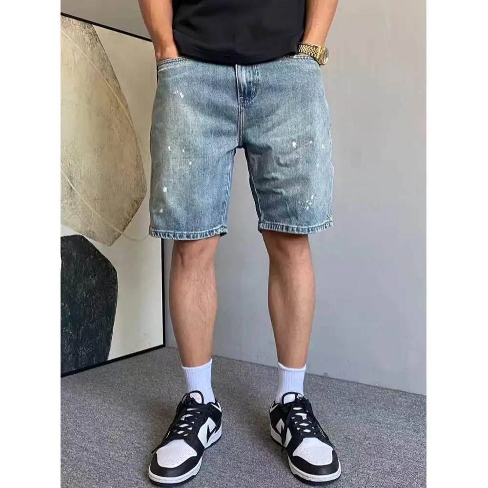

Summer men's denim shorts, high-street American casual slim-fit 5-inch mid-length shorts, printed denim shorts