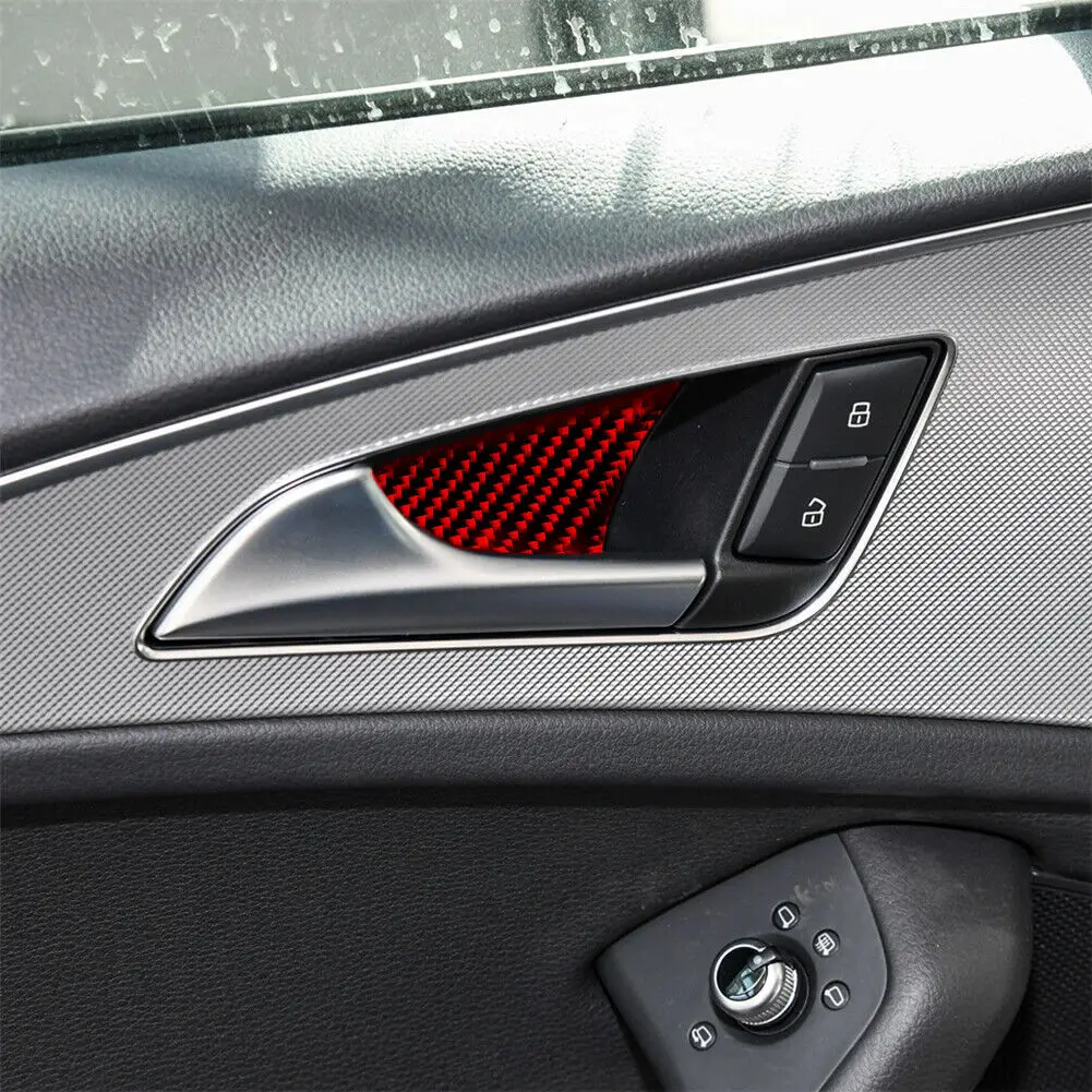 

4Pcs Car Interior Door Handle Bowl Sticker For Audi A6 C7 2012-2018 Red Carbon Fiber Trims Cover Auto Inner Decor Accessories