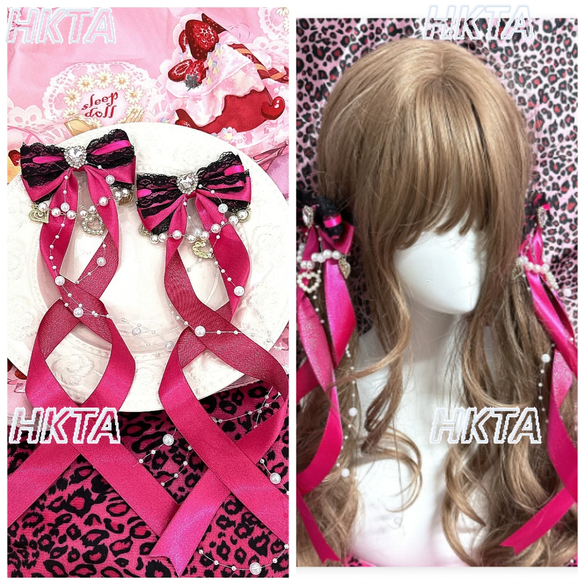 Handmade Japanese Style Hairpin Lolita Style Texture Long Ribbon Headband Pearl Rhinestone Bow Kawaii Sweet Girls Clips Headband