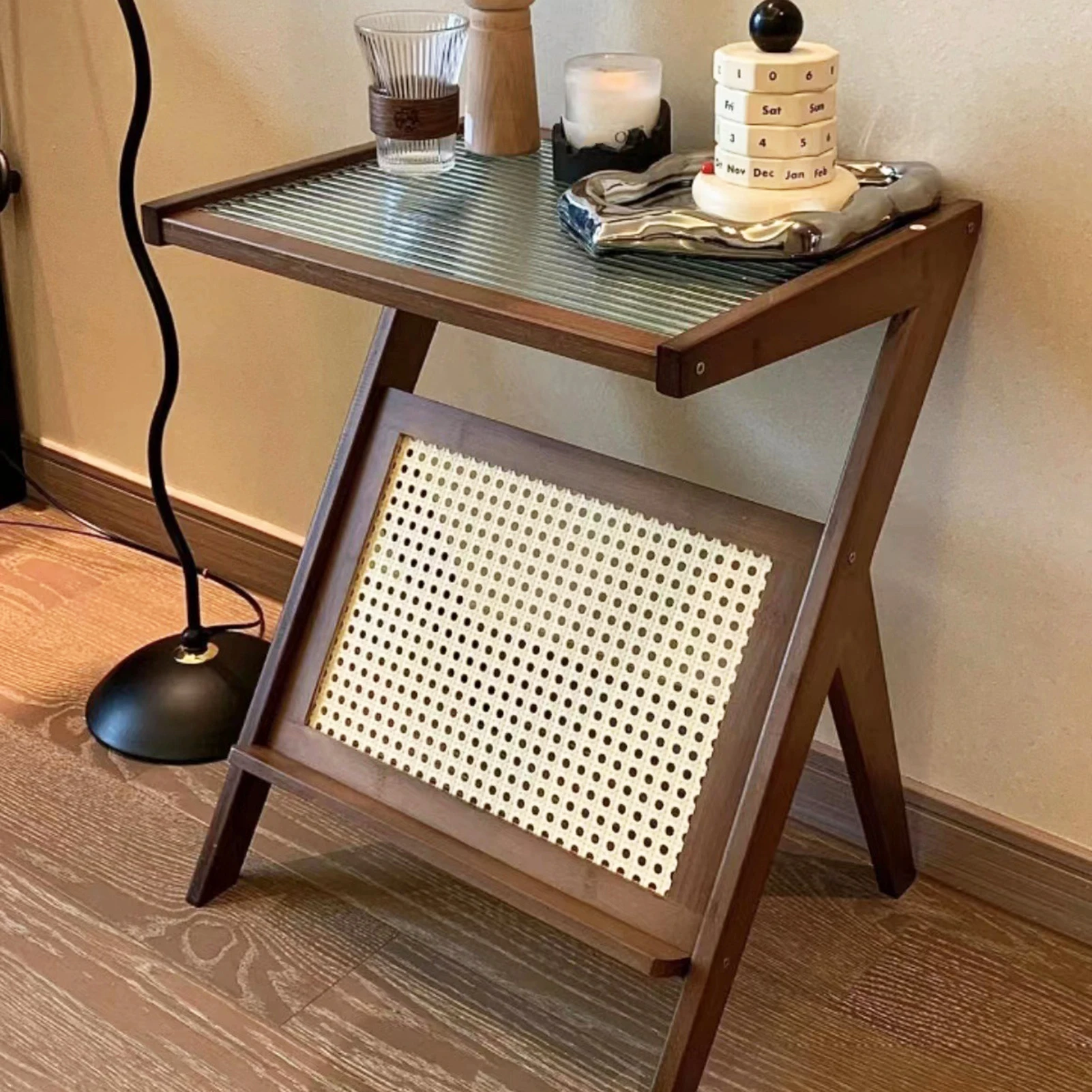 

Nightstand Side Table with Rattan Book Magazine Shelf Home Bedroom Living Room Small Space Bamboo Glass Bedside Coffee Table