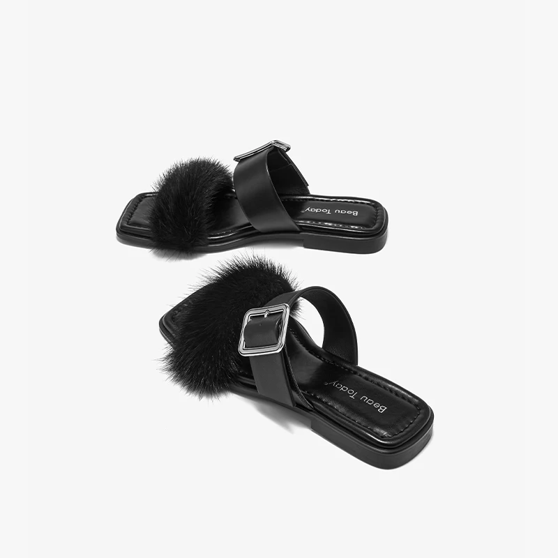 BEAUTODAY Summer Slippers Women Genuine Leather Buckle Mink Fur Sandals 2024 Open Toe Flats Outdoors Ladies Shoes Handmade 36316