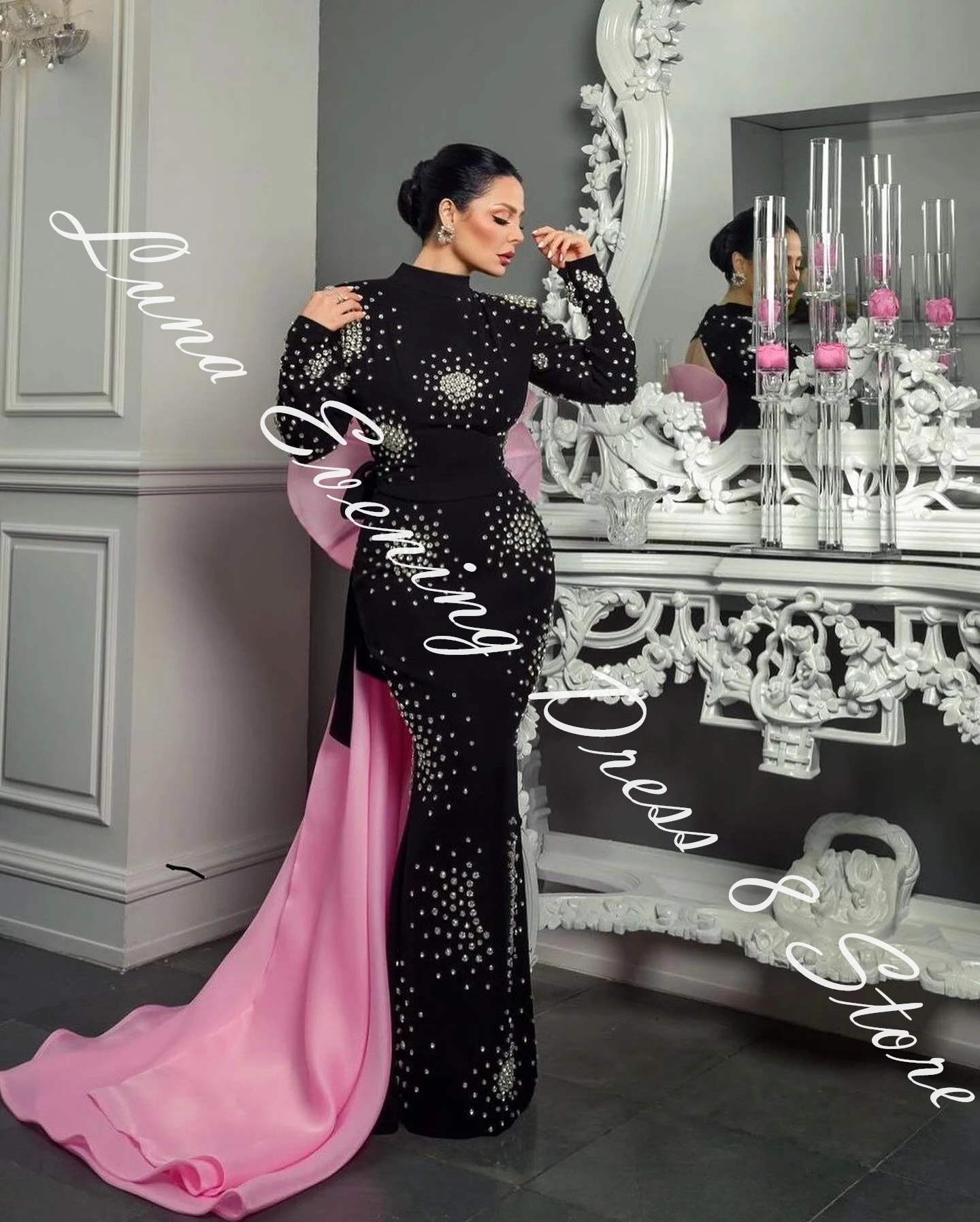 Customized Exquisite Jersey Mermaid Flowers and Crystal Evening Dress High Collar Long Sleeves Panel Train Floor Length Sexy