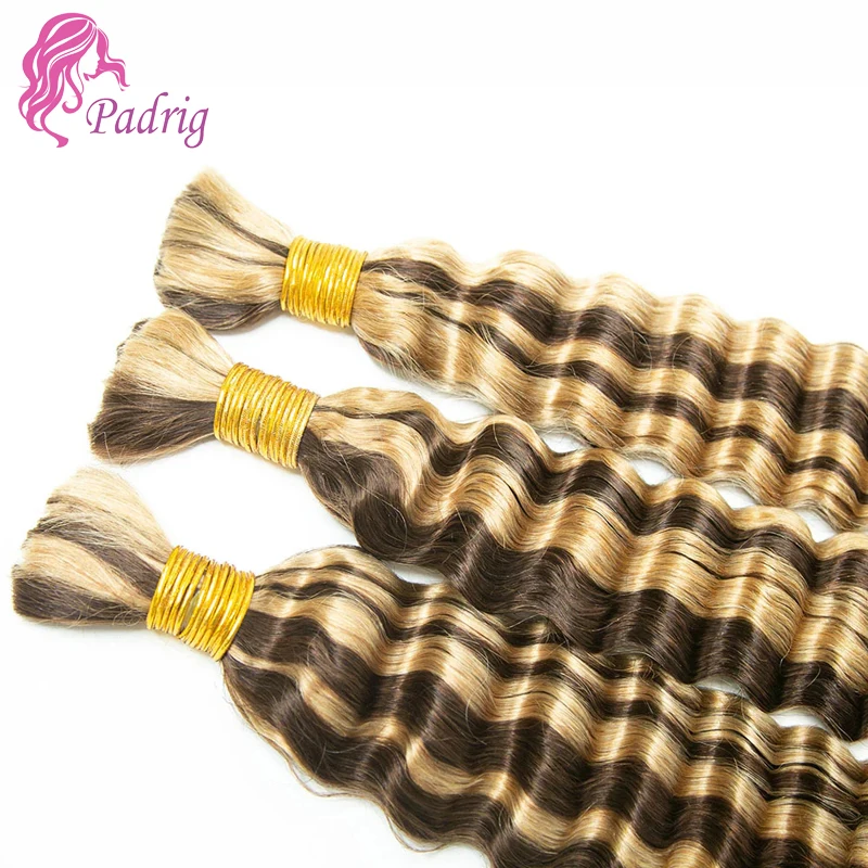 

100g/200g/300g Set Highlight P4/27 Deep Wave Bulk Human Hair For Braiding Bundles Boho Knotless Braids 10A Brazilian Virgin Hair