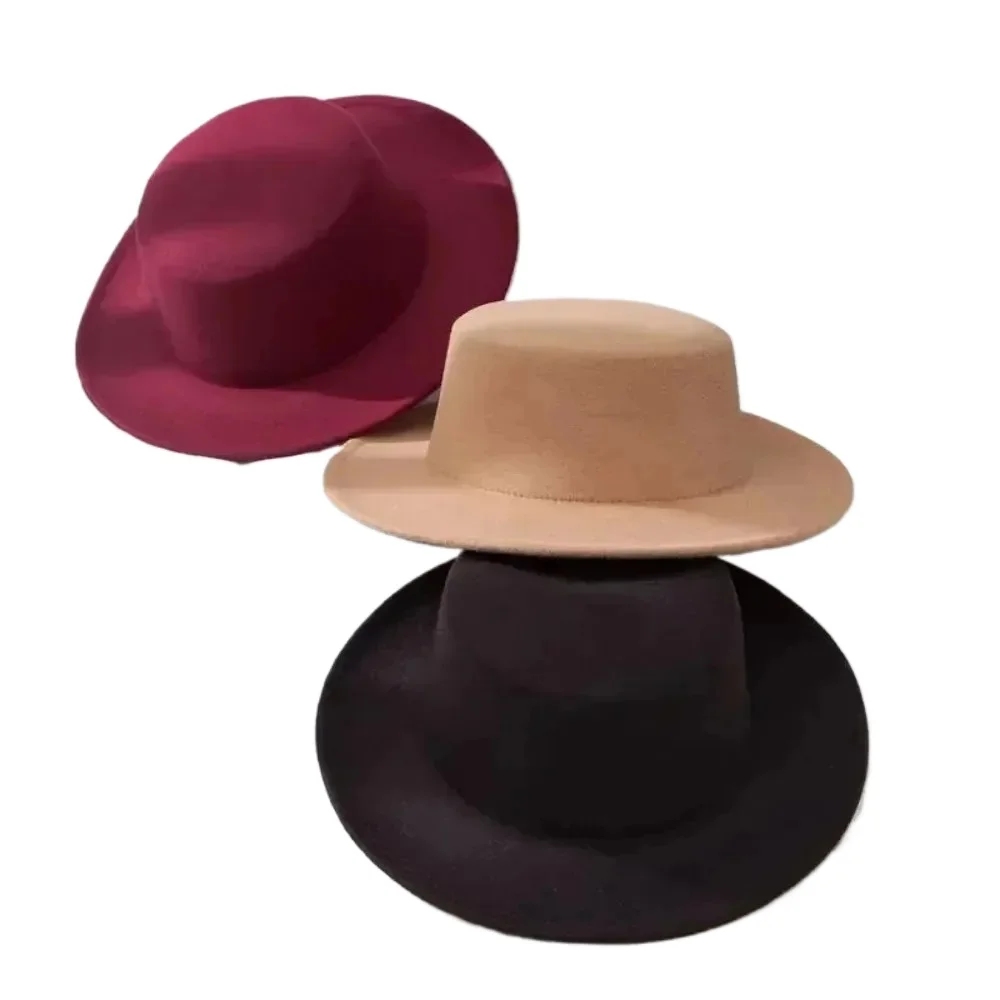 قبعات فيدورا مسطحة للنساء بلون سادة قبعة صوفية تقليد أنيقة بريطانية واسعة الحافة قبعات للسيدات قبعات الرامي فيدورا #5